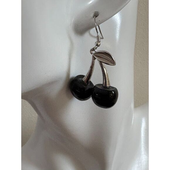Black Cherry Dangle Earrings – Silver Tone - Picture 4 of 5